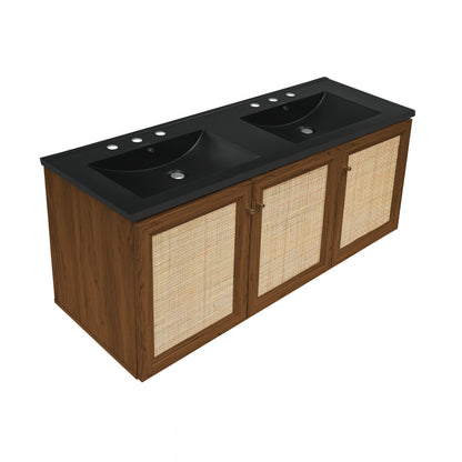 Classe 48" Wall-Mounted Bathroom Vanity in Brown Oak with Black 3-Hole Widespread Double Basin Sink Top