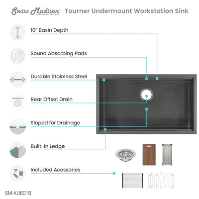 Tourner 32 x 19 Stainless Steel, Single Basin, Undermount Kitchen Workstation Sink in Black