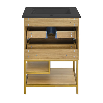 Carre 24 in. Golden Oak Bathroom Vanity with Black Ceramic Sink Top