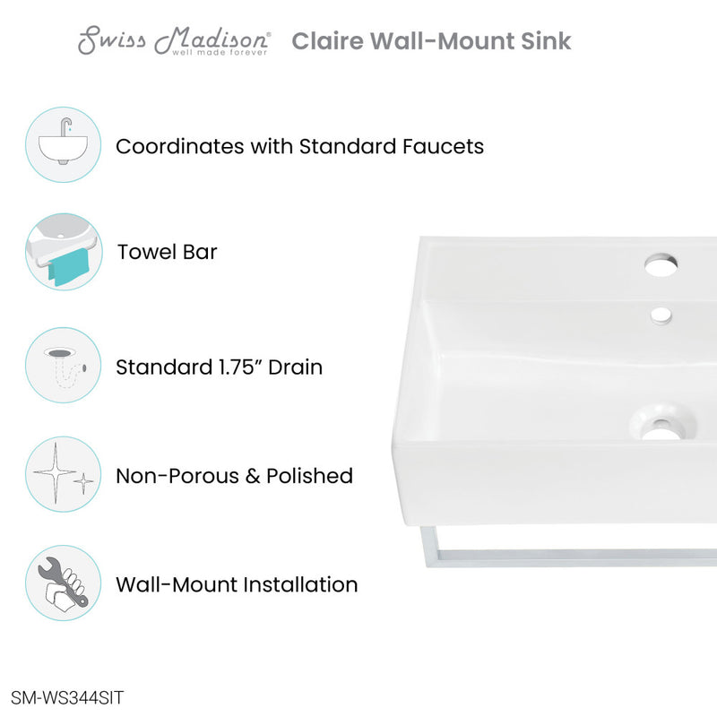 Claire 22" Wall-Mount Bathroom Sink with Silver Towel Bar