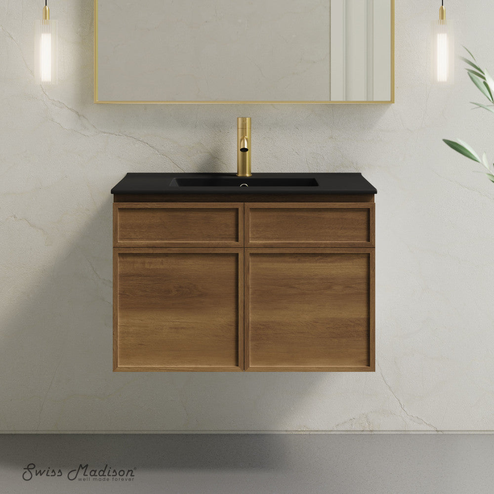 St. Tropez 30" Wall-Mounted Bathroom Vanity in Brown Oak with Black Sink Top