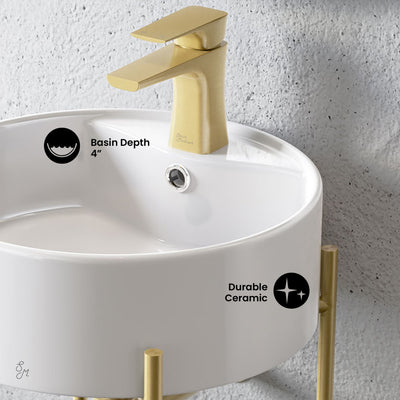 Monaco 16" Round Console Sink with Faucet Mount, White Basin Brushed Gold Legs