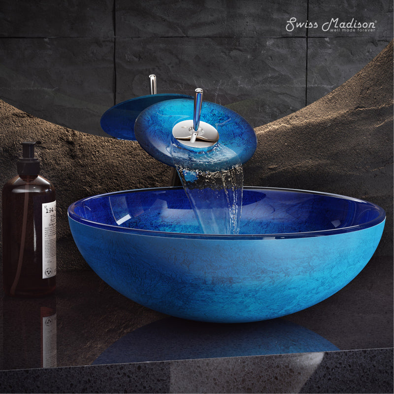 Cascade 16.5 Glass Vessel Sink with Faucet, Ocean Blue