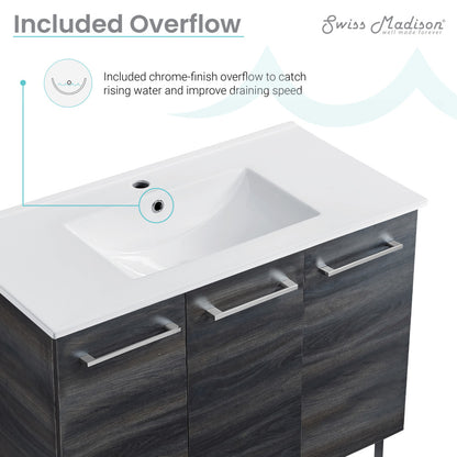 36-inch freestanding bathroom vanity in black walnut with sink top and chrome-finish overflow.