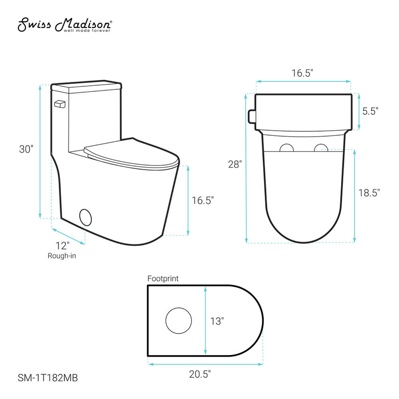 Dreux One-Piece 12" Rough-in 1.28 GPF Left Flush Elongated Toilet in Matte Black