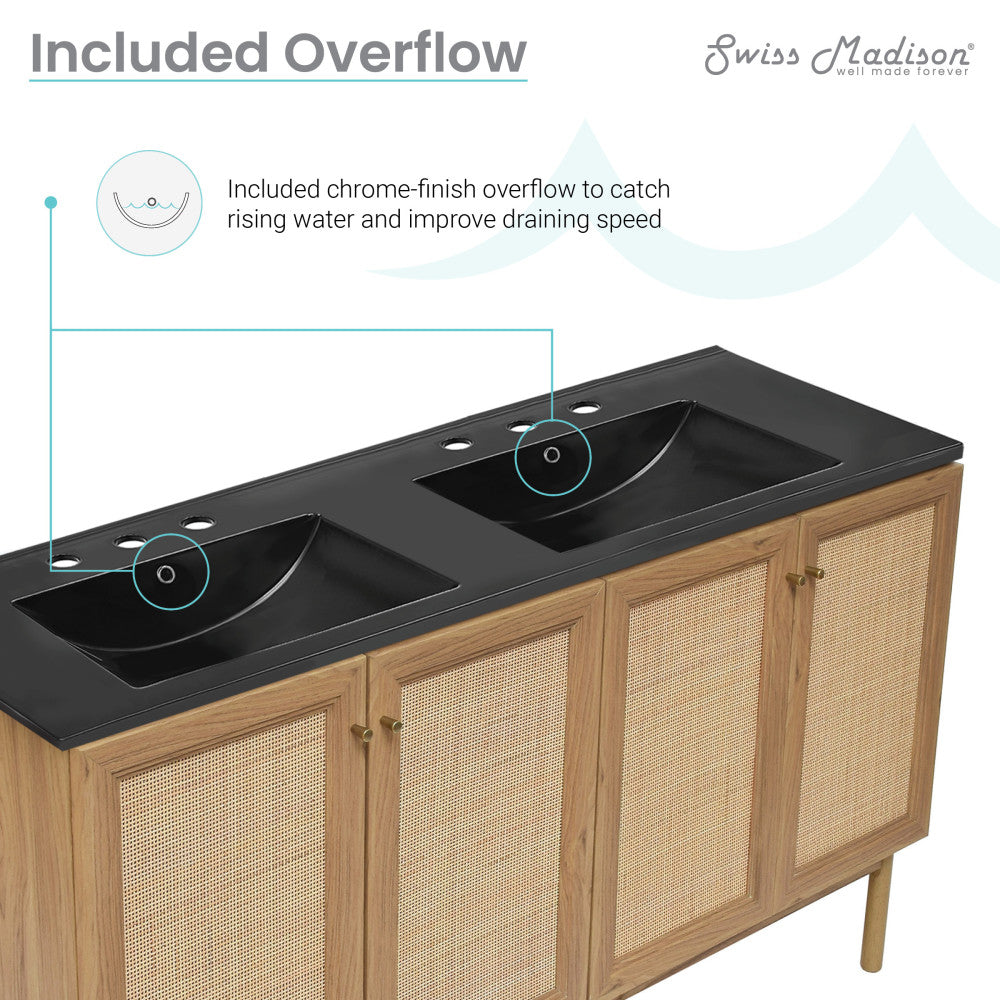 Classe 60" Freestanding Bathroom Vanity in Golden Oak with Black 3-Hole Widespread Double Basin Sink Top