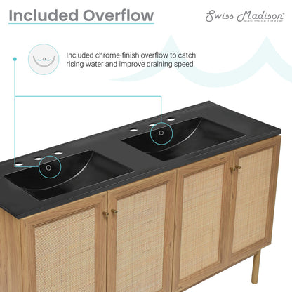 Classe 60" Freestanding Bathroom Vanity in Golden Oak with Black 3-Hole Widespread Double Basin Sink Top