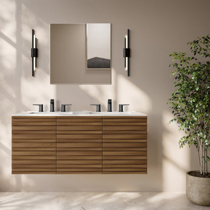 Cascade 48" Wall-Mounted Bathroom Vanity in Brown Oak with 3-Hole Centerset Double Basin Sink Top