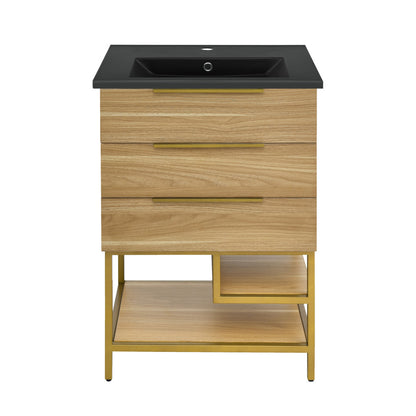 Carre 24 in. Golden Oak Bathroom Vanity with Black Ceramic Sink Top