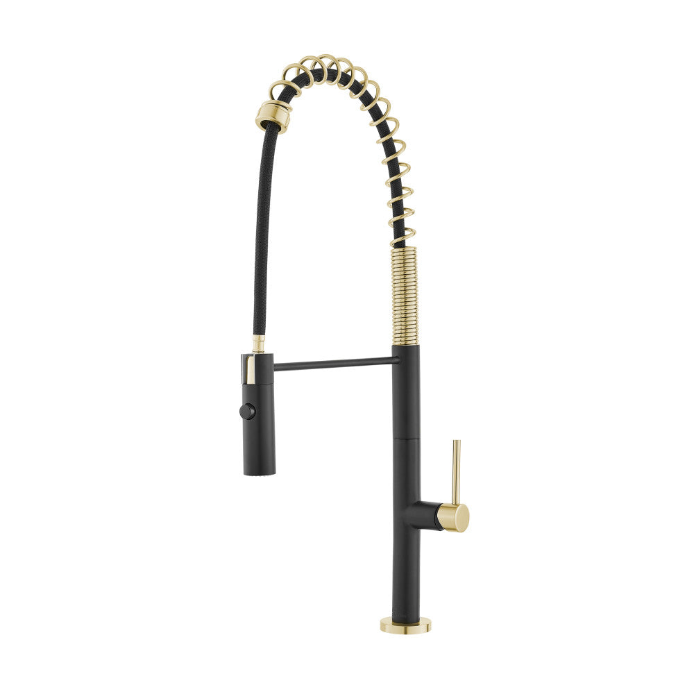 Single handle pull-down kitchen faucet in brushed gold and black.