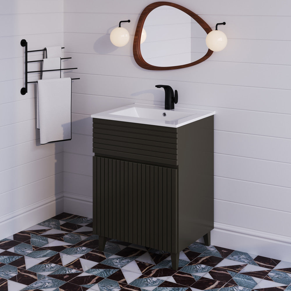 24-inch freestanding bathroom vanity in cedar gray, single sink, soft-close doors.