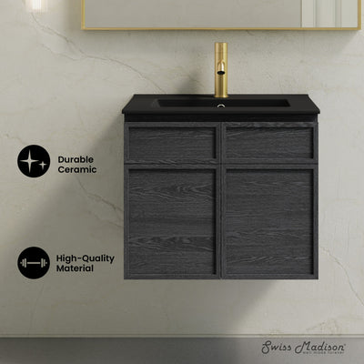 St. Tropez 24" Wall-Mounted Bathroom Vanity in Black Oak with Black Sink Top