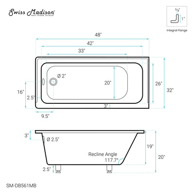 Voltaire 48" x 32" Left-Hand Drain Alcove Bathtub in Matte Black