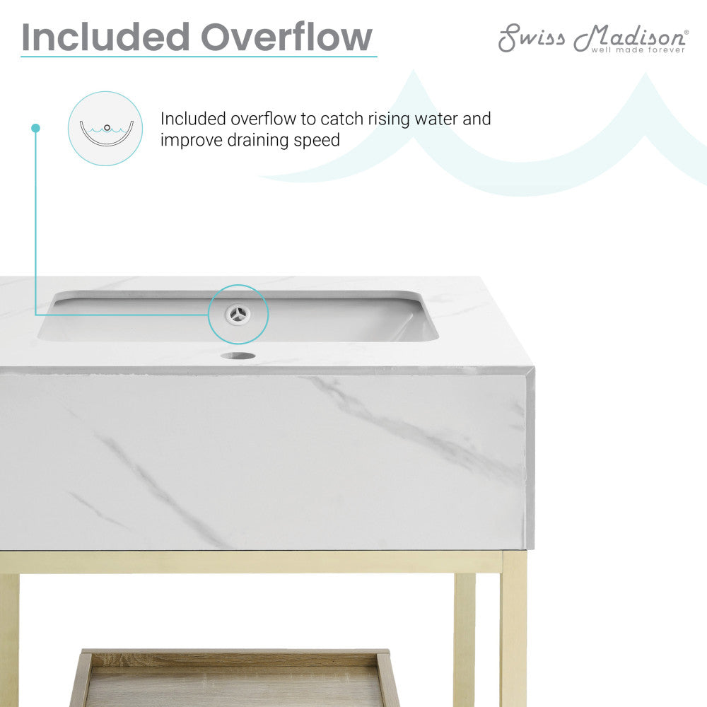 24-inch freestanding bathroom vanity with open shelf, natural oak frame, and white sink top.