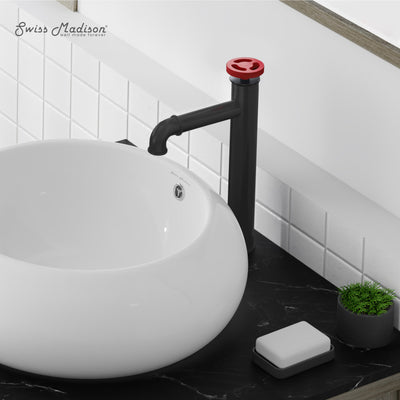 Avallon Single Hole, Single-Handle Wheel, High Arc Bathroom Faucet in Matte Black with Red Handles