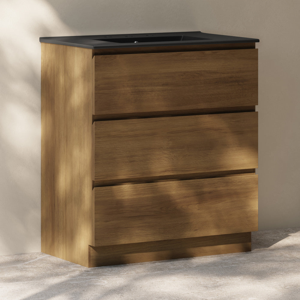 Liberte 30" Freestanding Bathroom Vanity in Brown Oak with Black 3-Hole Widespread Sink Top
