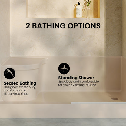 Aquatique 60" x 32" Single Threshold Shower Base With Right Hand Drain and Integral Left Hand Seat in Biscuit