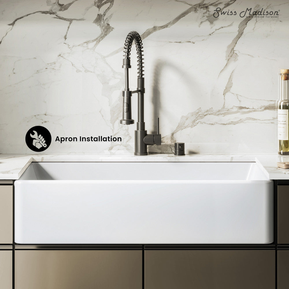 Elegance 36" x 20" Single Basin Fireclay Farmhouse Kitchen Sink in Glossy White with Stainless Steel Grid