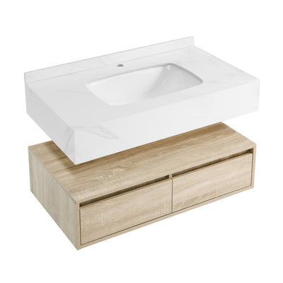 Avancer 36" Wall-Mounted Bathroom Vanity in Calacatta and White Oak