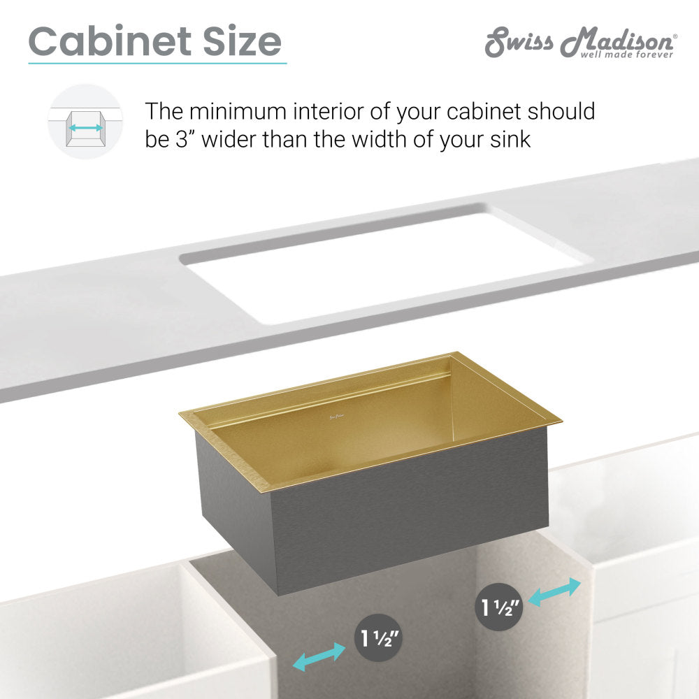 18 gauge polished gold stainless steel undermount kitchen sink, 32-inch rectangular bowl.