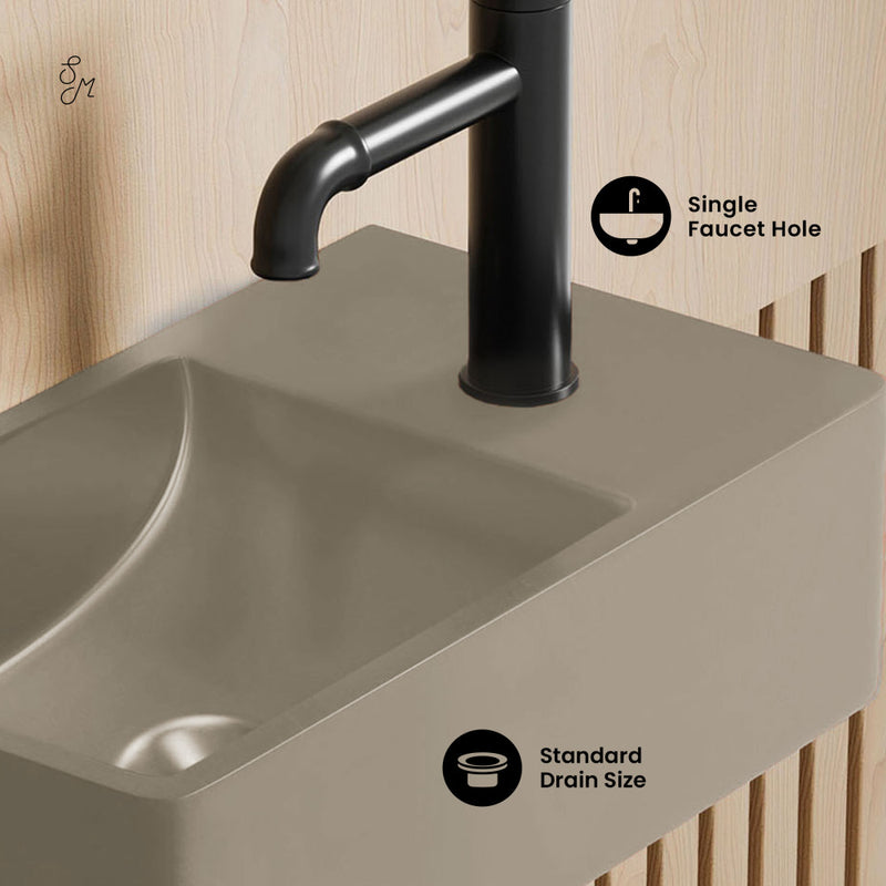 Lisse 16" Concrete Rectangle Wall-Mounted Sink with Right Side Faucet Mount in Matte Taupe