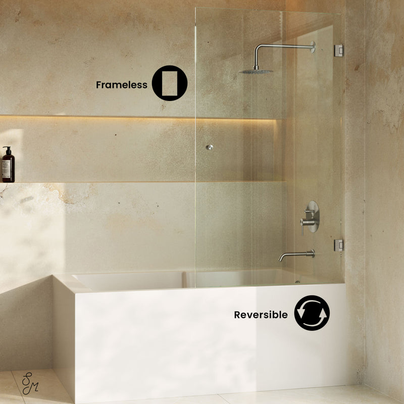 Voltaire 24 x 58 Frameless Pivot 3/8 in. (10mm) Ultra Clear Tempered Glass Tub Door with Nickel Brushed Hardware