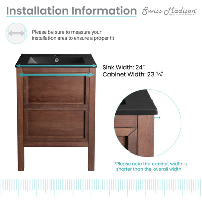 Nadar 24 in. Brown Walnut Bathroom Vanity With Black Ceramic Sink Top