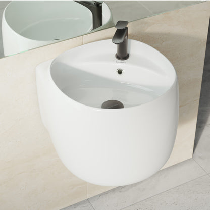 18-inch glossy white ceramic wall-mount bathroom sink with rounded basin and overflow hole.