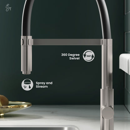 Single handle pull-down kitchen faucet in brushed nickel with 360-degree swivel and spray options.