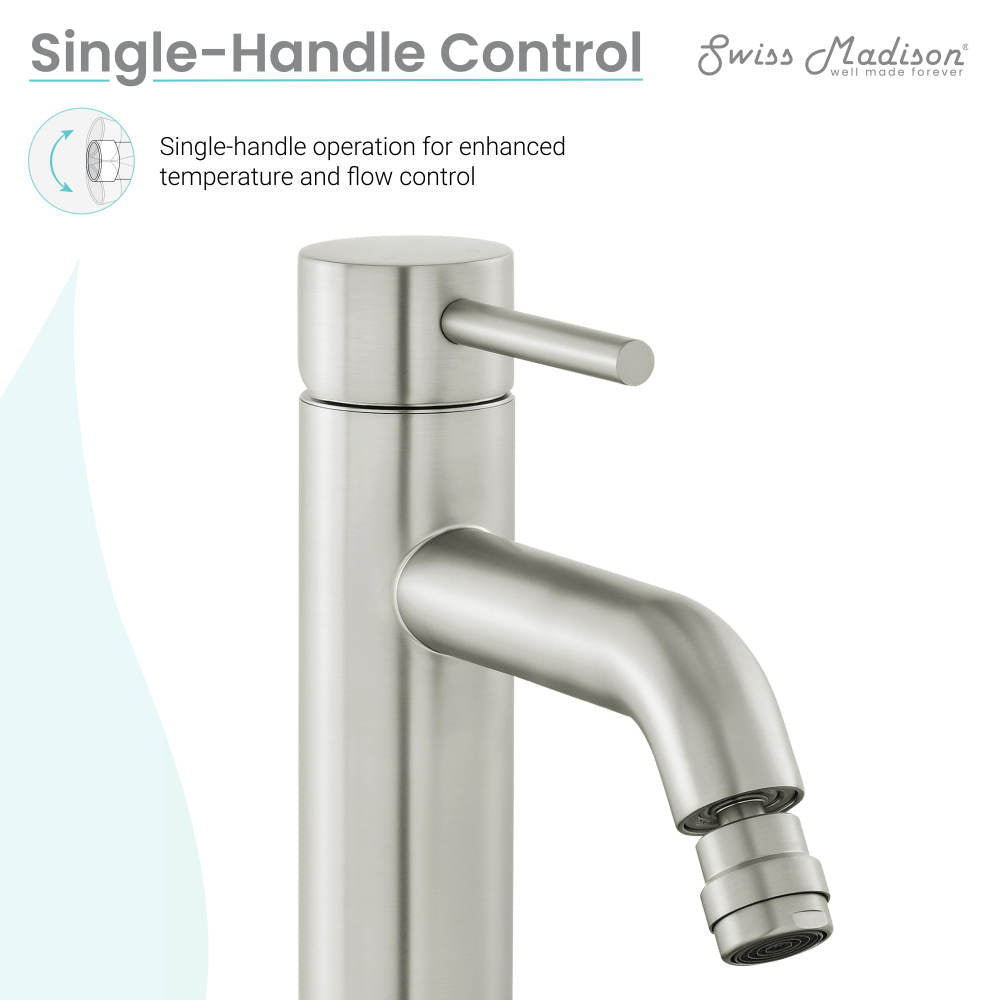 Single-handle bidet faucet in nickel with cylindrical base and straight spout.
