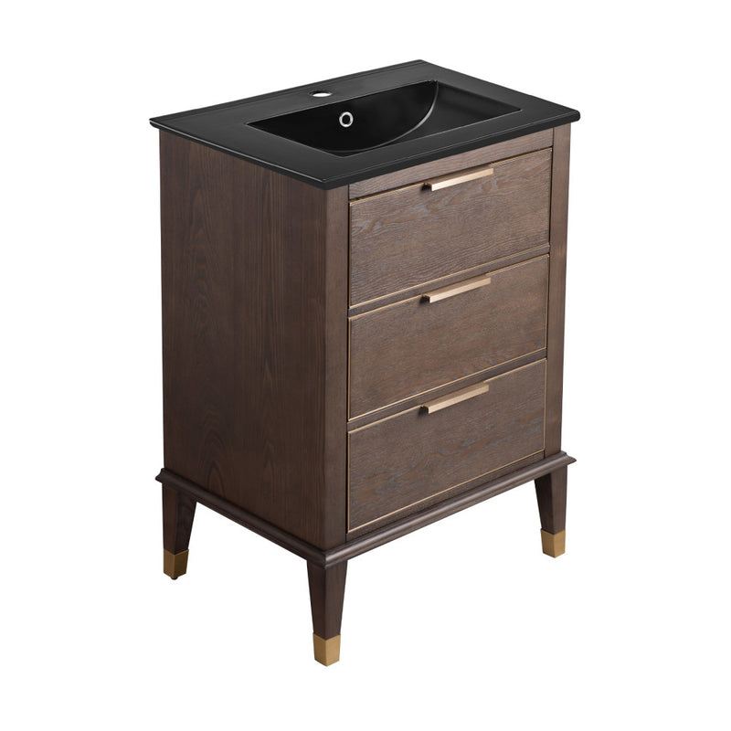 Hugo 24 in. Brown Oak Bathroom Vanity With Black Ceramic Sink Top