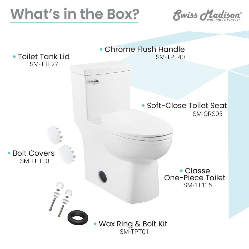 Elongated one-piece toilet with front flush handle and soft-close seat, 1.28 gpf.