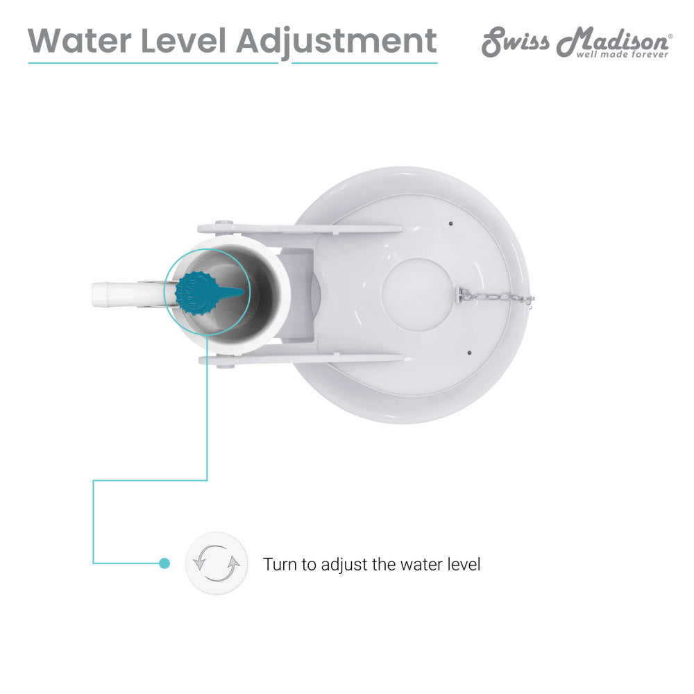 Avalon flush valve in white plastic with water level adjustment feature, round top view, service replacement part.