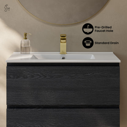 Liberte 30" Wall-Mounted Bathroom Vanity in Black Oak with Sink Top
