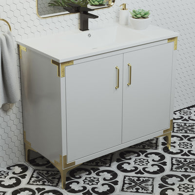 Voltaire 36" Single, Bathroom Vanity in White with Gold Hardware