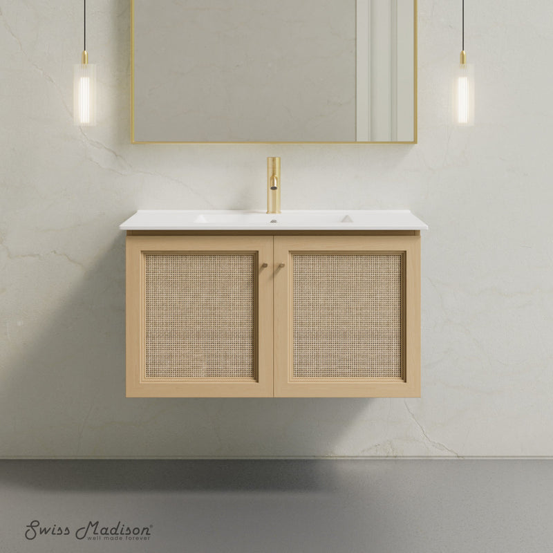 Classe 36" Wall-Mounted Bathroom Vanity in Natural Oak with Single Faucet Hole Vanity Top