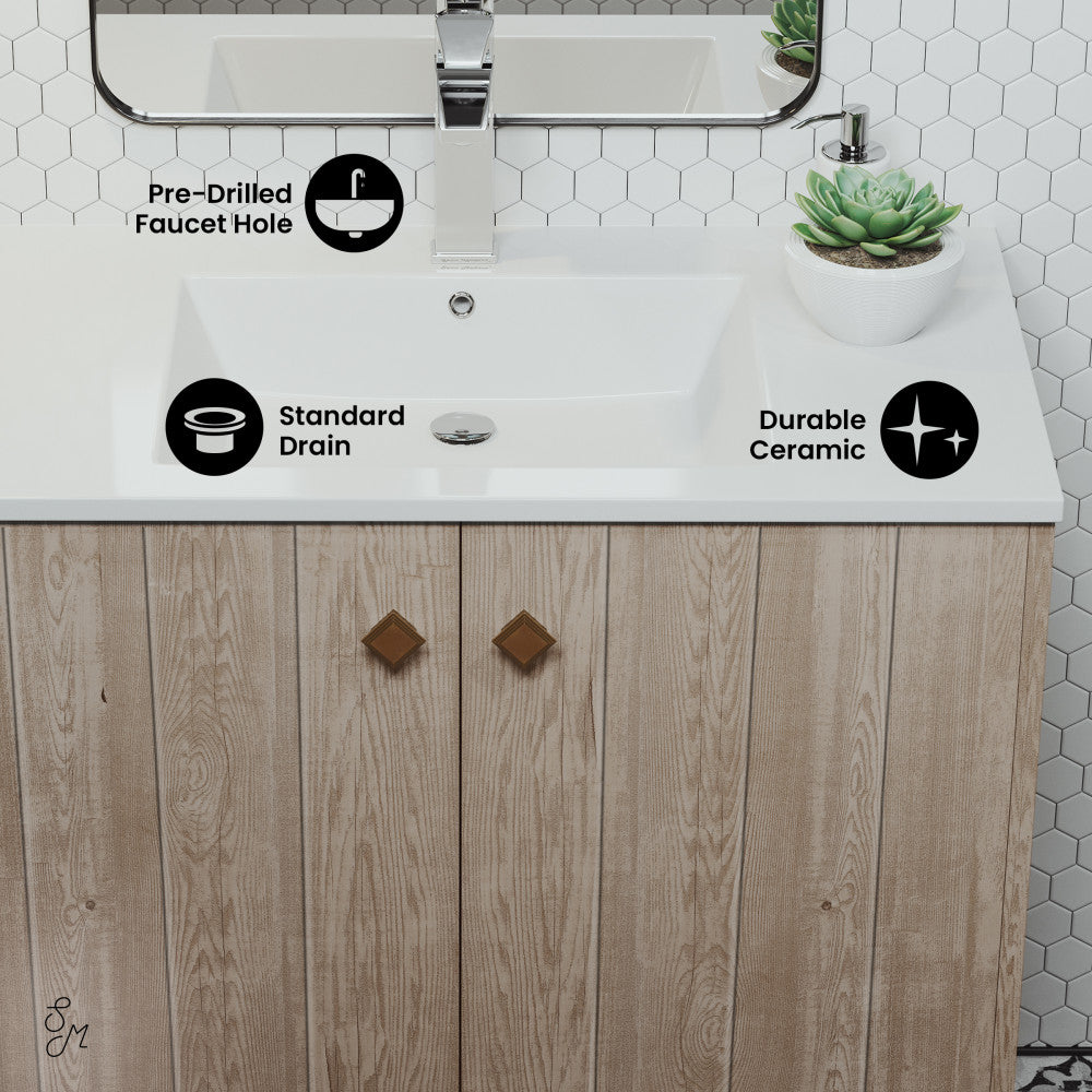 36-inch freestanding gray oak bathroom vanity with white ceramic sink top and soft-close doors.