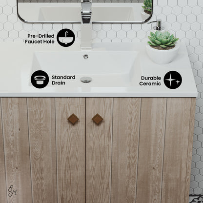 36-inch freestanding gray oak bathroom vanity with white ceramic sink top and soft-close doors.