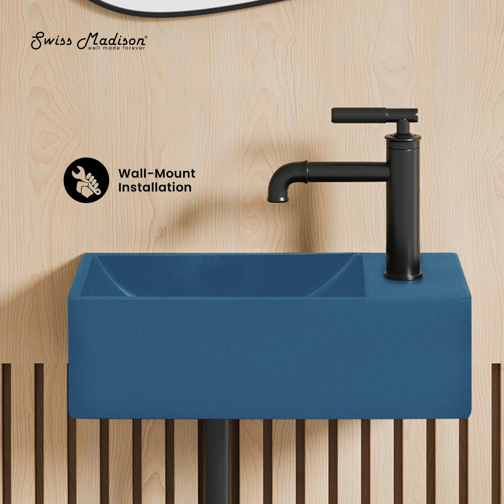 Lisse 16" Concrete Rectangle Wall-Mounted Sink with Right Side Faucet Mount in Matte Royal Blue