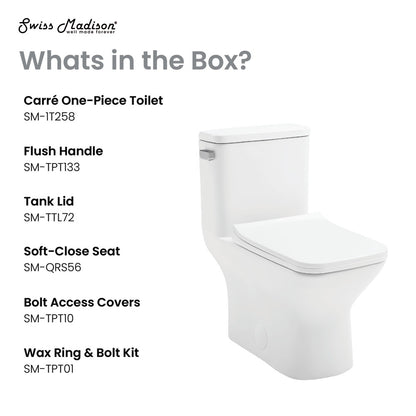 Elongated one-piece toilet with left side flush handle, compact design, white ceramic finish.