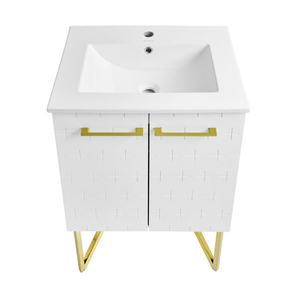 24-inch freestanding white bathroom vanity with gold handles and angled metal legs, single sink top.