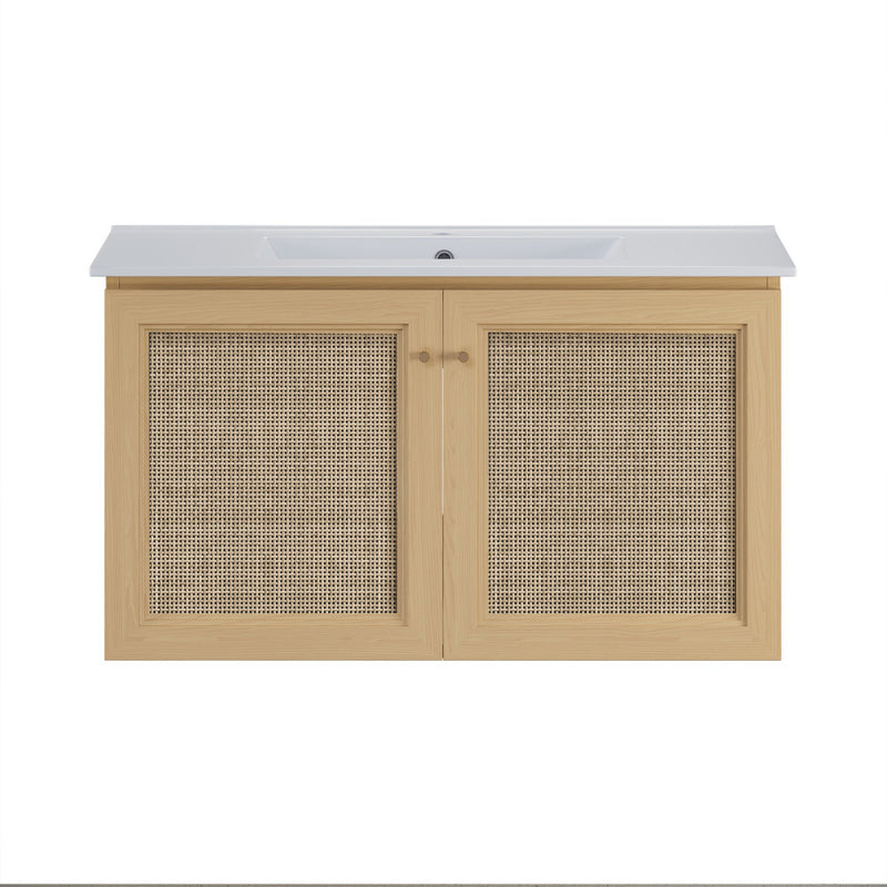 Classe 36" Wall-Mounted Bathroom Vanity in Natural Oak with Single Faucet Hole Vanity Top