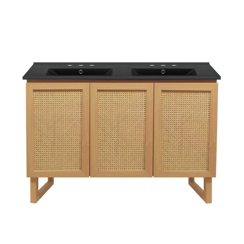 Arles 48 in. Natural Oak, Double Basin Bathroom Vanity With Black, 3-Hole Centerset Ceramic Sink Top