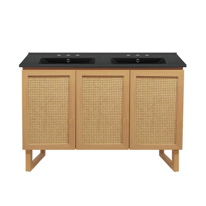 Arles 48 in. Natural Oak, Double Basin Bathroom Vanity With Black, 3-Hole Centerset Ceramic Sink Top