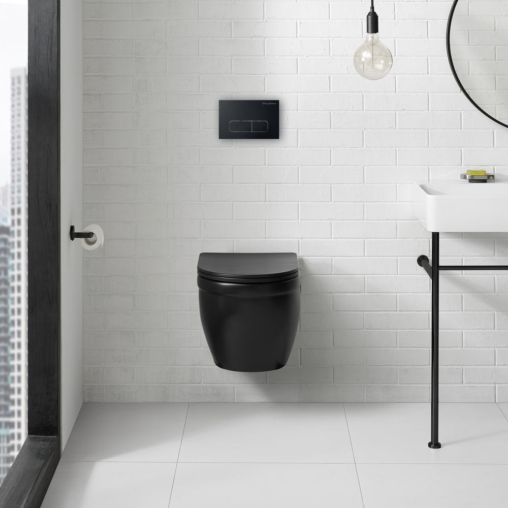Wall-hung elongated toilet bowl in matte black with sleek modern design and concealed plumbing.