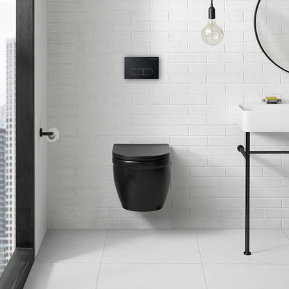 Wall-hung elongated toilet bowl in matte black with sleek modern design and concealed plumbing.