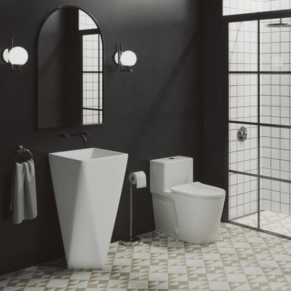 Elongated one-piece toilet with dual-flush, white ceramic, modern design.