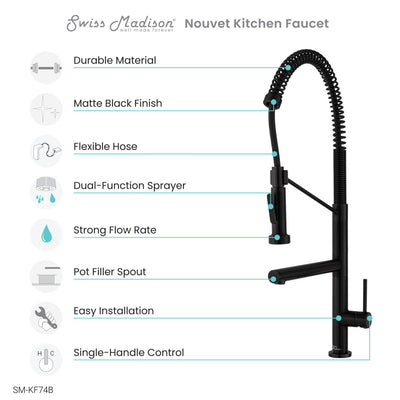Nouvet Single Handle, Pull-Down Kitchen Faucet with Pot Filler in Matte Black