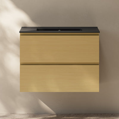 Liberte 30" Wall-Mounted Bathroom Vanity in Natural Oak with Black Sink Top