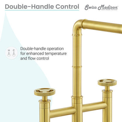 Widespread kitchen faucet in brushed gold with double-handle control and matching side sprayer.